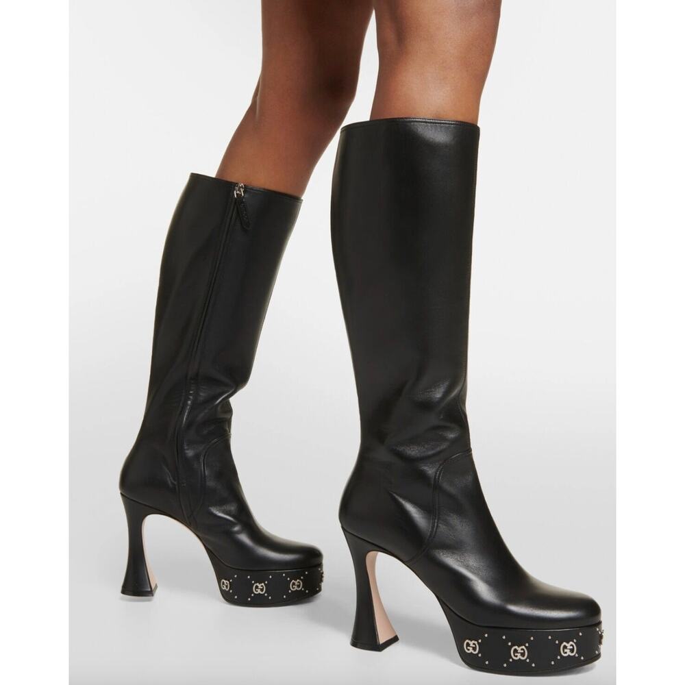 Gucci Black Janaya Platform GG Studded Tall Knee High Boot - Picture 5 of 16
